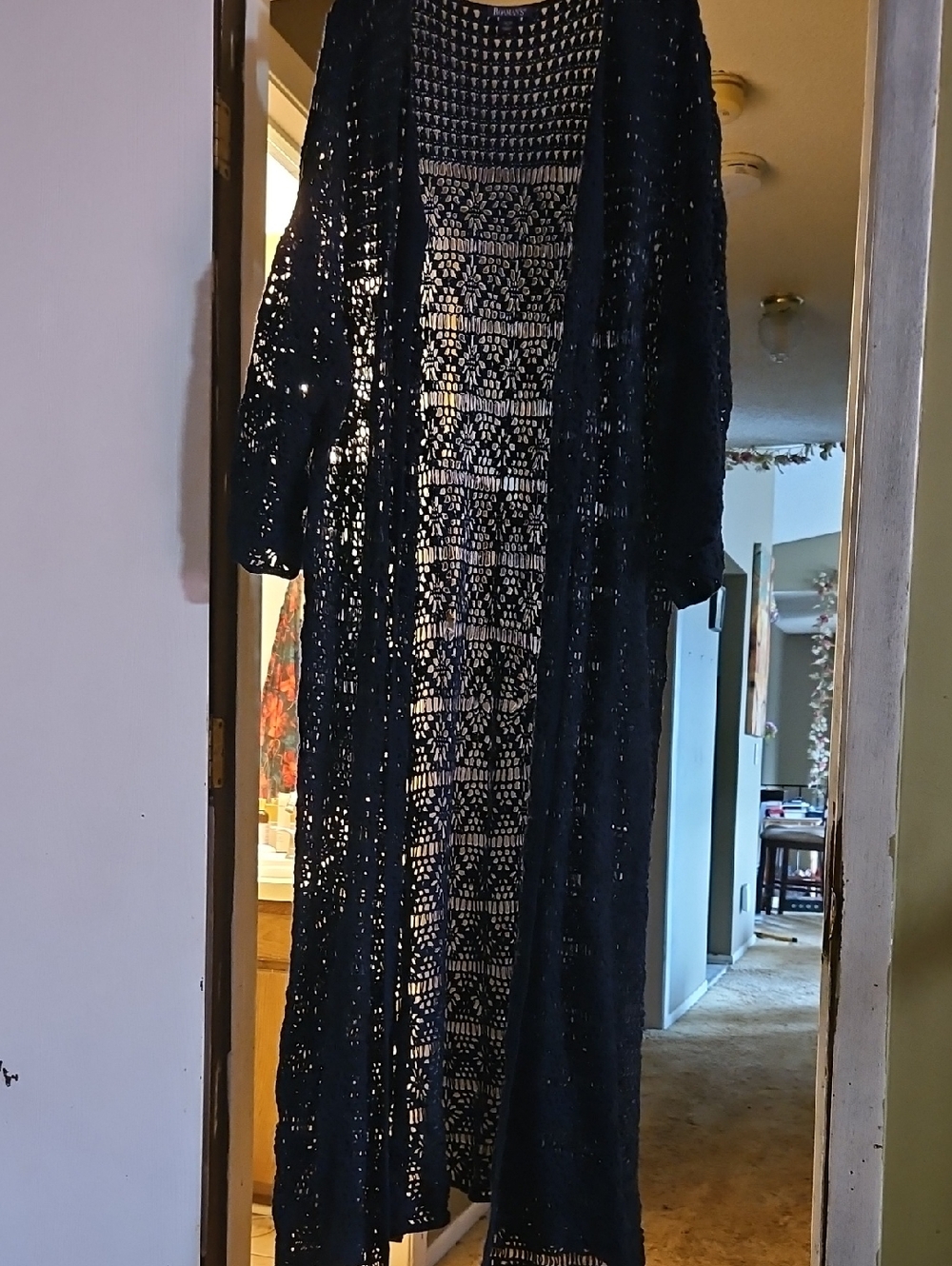 Roaman's  Navy Blue Open-Knit Duster Cardigan